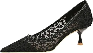 Womens Pointed Toe Lace Kitten Heels Closed Toe Ankle Strap Stiletto Pumps Sandals Sexy Party Pumps Shoes