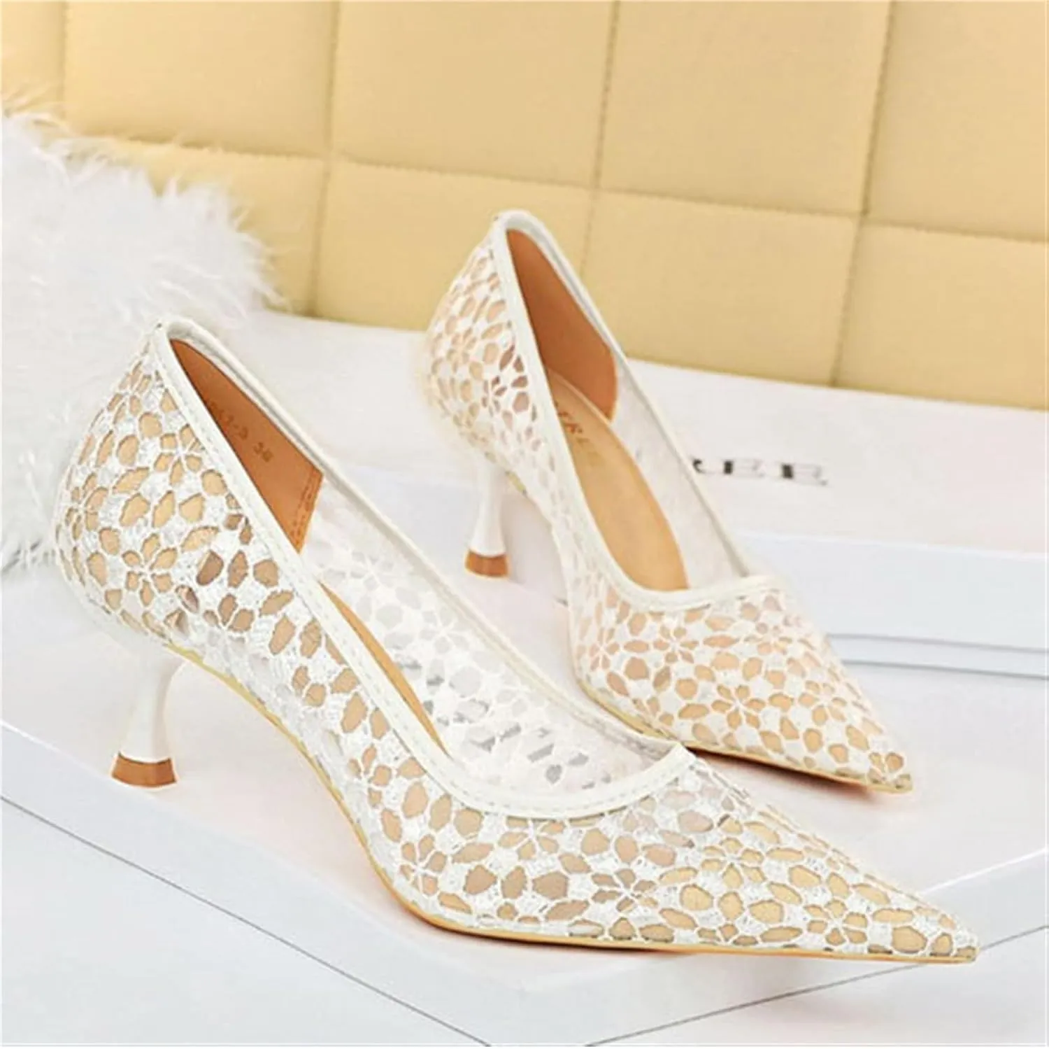 Womens Pointed Toe Lace Kitten Heels Closed Toe Ankle Strap Stiletto Pumps Sandals Sexy Party Pumps Shoes