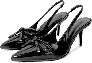 Womens Pumps Slingback Heels, Stiletto Heels for Women with Bow Closed Pointed Toe, Slip on Backless Low Heel Wedding Dress Shoes