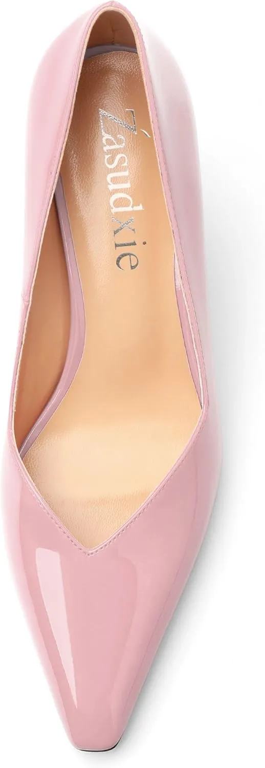 Women's Pumps, Trendy Patent Dress Work Wedding Pointed Toe Slip On Stiletto Mid Heel Pumps Shoes 2.55 Inch
