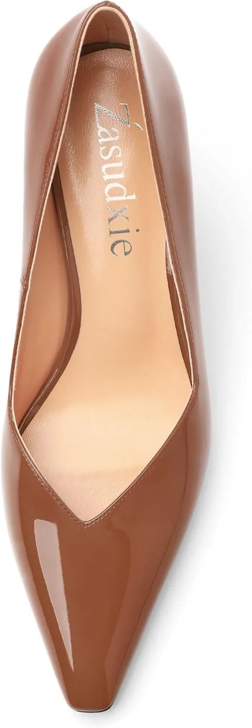 Women's Pumps, Trendy Patent Dress Work Wedding Pointed Toe Slip On Stiletto Mid Heel Pumps Shoes 2.55 Inch