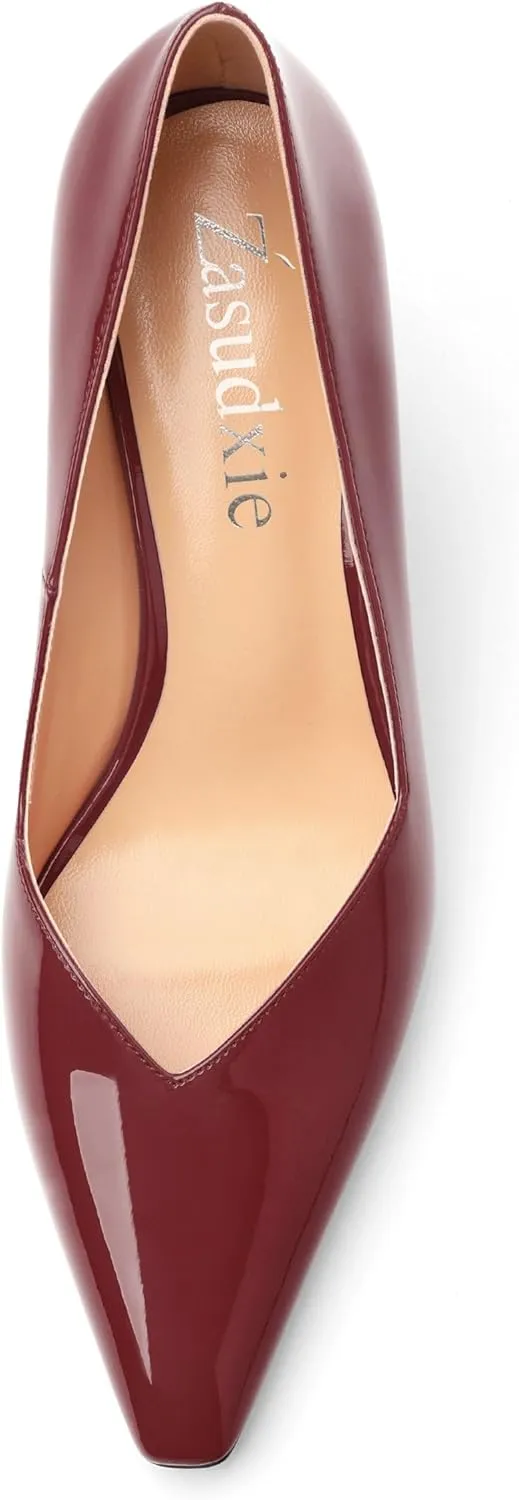 Women's Pumps, Trendy Patent Dress Work Wedding Pointed Toe Slip On Stiletto Mid Heel Pumps Shoes 2.55 Inch