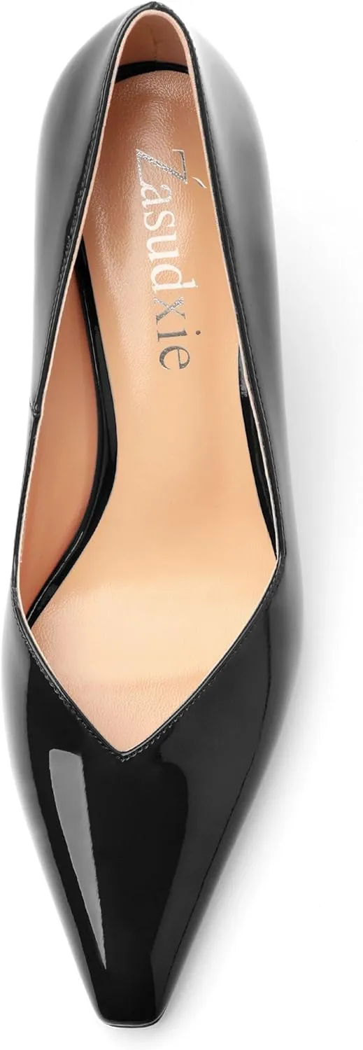 Women's Pumps, Trendy Patent Dress Work Wedding Pointed Toe Slip On Stiletto Mid Heel Pumps Shoes 2.55 Inch