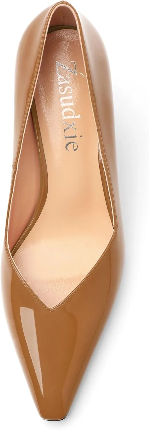Women's Pumps, Trendy Patent Dress Work Wedding Pointed Toe Slip On Stiletto Mid Heel Pumps Shoes 2.55 Inch