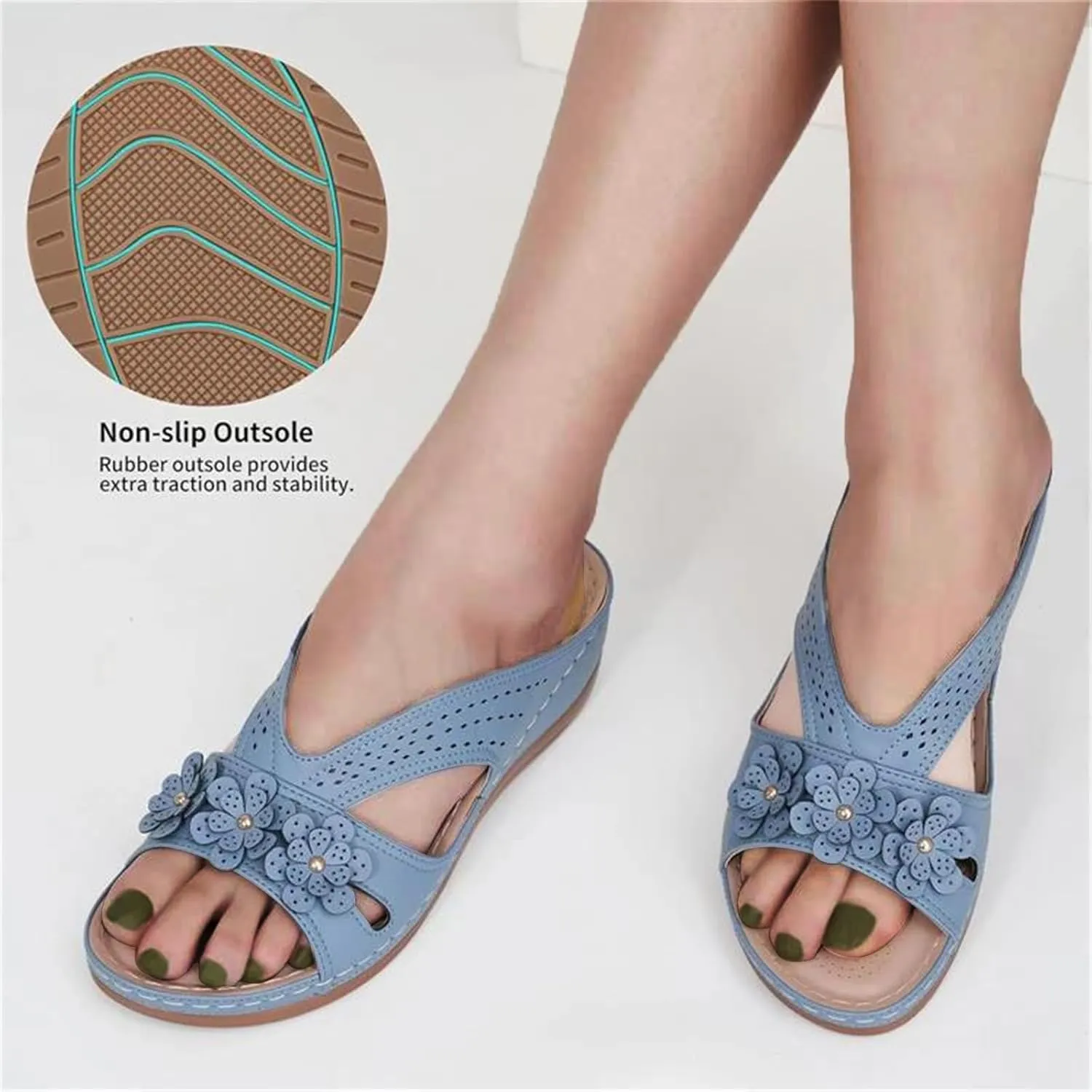 Womens Sandals Dressy Summer Hollow Out Orthopedic Sandals Casual Arch Support Slip On Low Heels Slippers