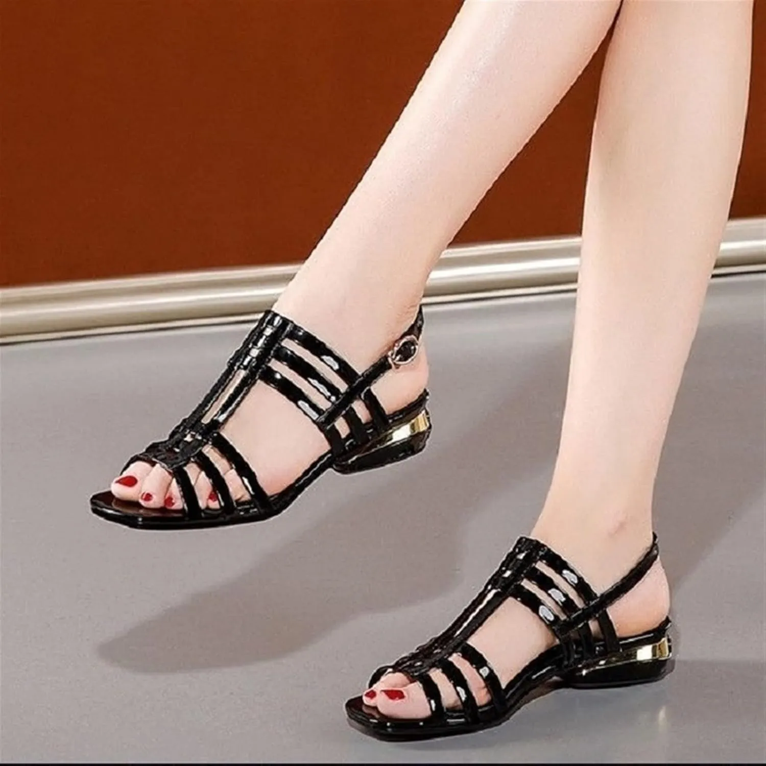 Women's Sandals Elegant Low Heels Open-Toes Buckle Strap Roman Shoes Comfortable Soft Sole Sandals Party Dress Shoes (Color : Black, Shoe Size : 5)