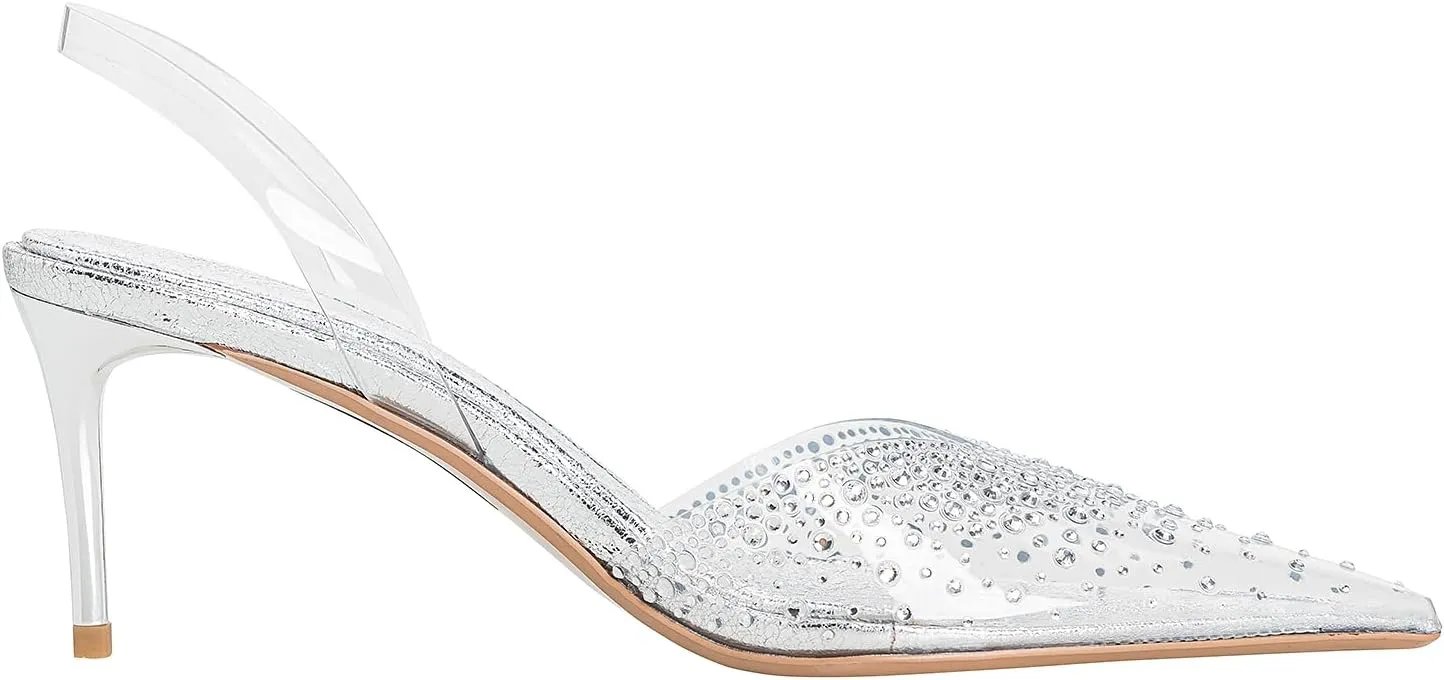 Women's Slingback Pointed Kitten Heels Sparkly Evening Shoes for Formal Events and Bridal Diamond Clear Pumps