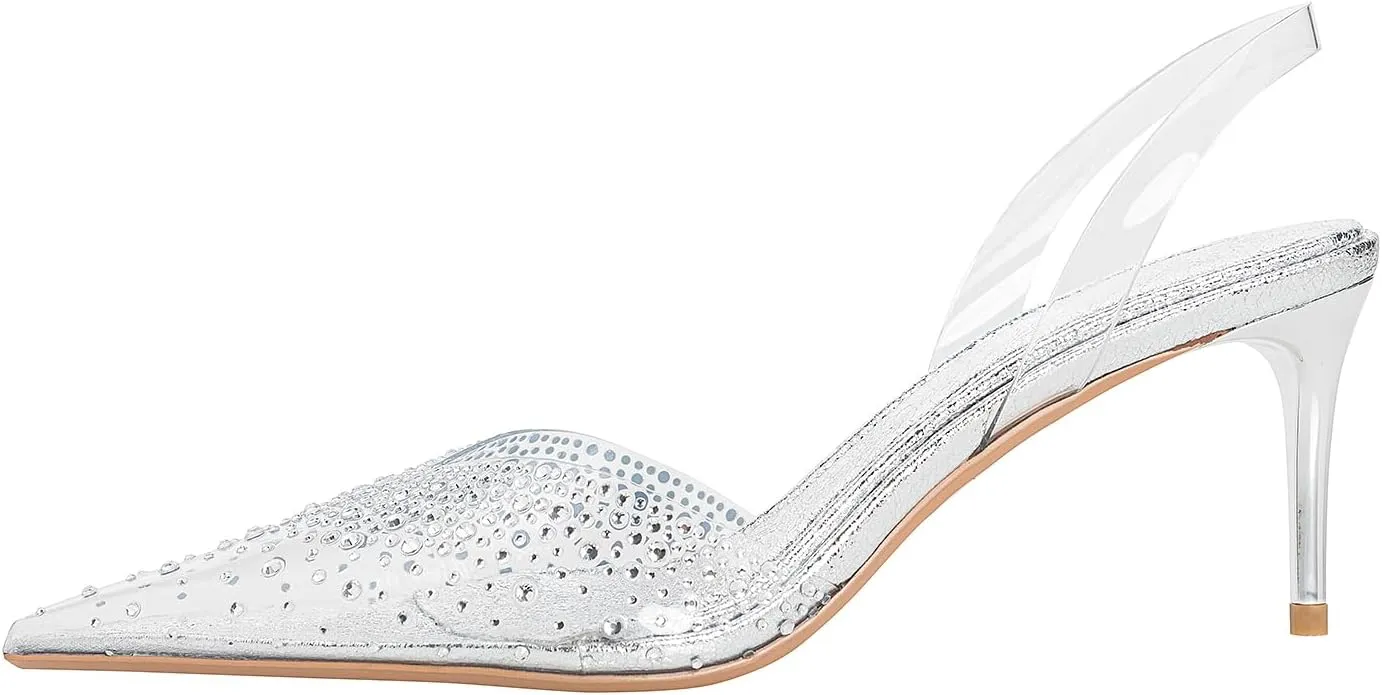 Women's Slingback Pointed Kitten Heels Sparkly Evening Shoes for Formal Events and Bridal Diamond Clear Pumps