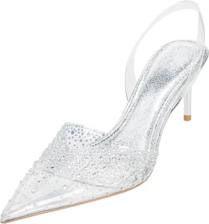 Women's Slingback Pointed Kitten Heels Sparkly Evening Shoes for Formal Events and Bridal Diamond Clear Pumps
