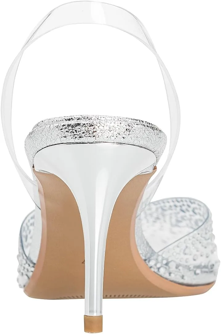 Women's Slingback Pointed Kitten Heels Sparkly Evening Shoes for Formal Events and Bridal Diamond Clear Pumps