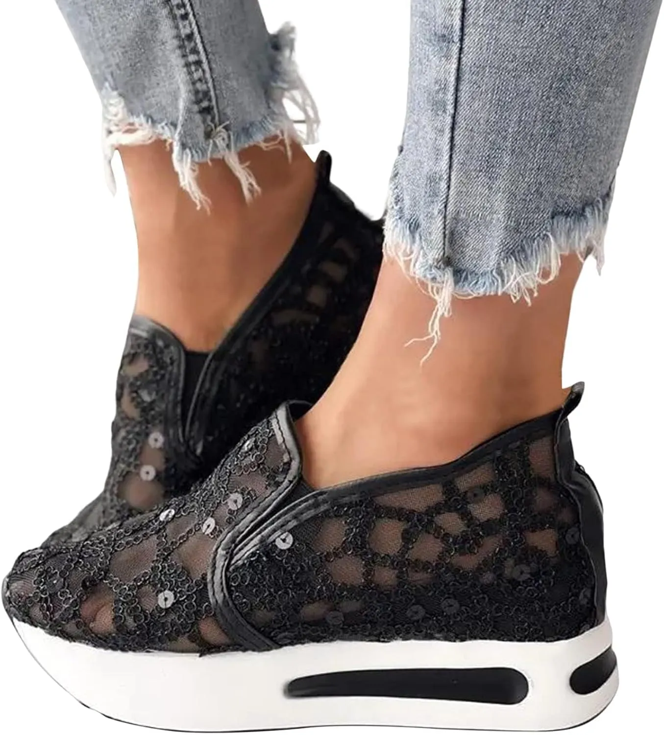 Womens Sneakers Floral Embroidery Breathable Sheer Mesh Low Top Gym Shoes Platform Wedge Shoe with Arch Support Slip On Loafers Walking Work Shoes Comfortable Casual Sneaker