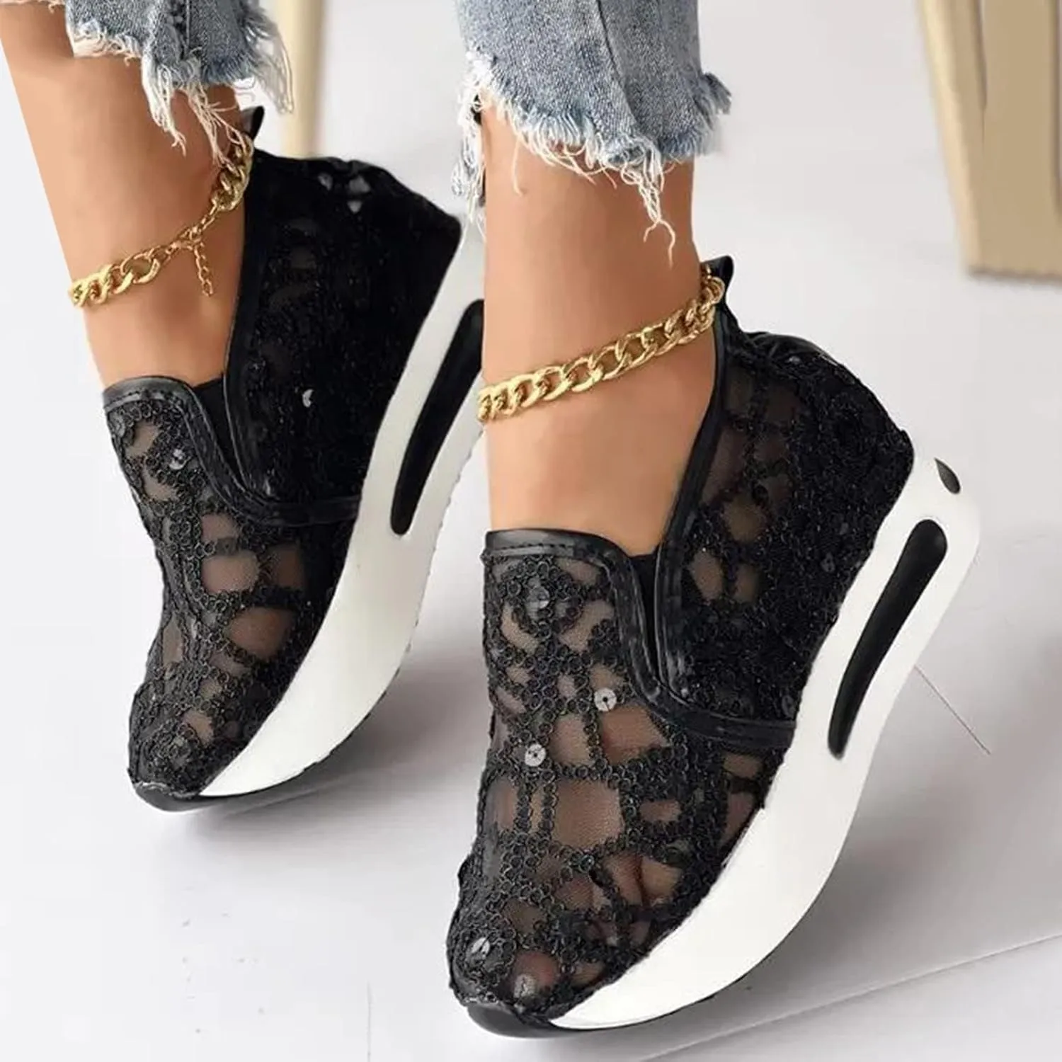 Womens Sneakers Floral Embroidery Breathable Sheer Mesh Low Top Gym Shoes Platform Wedge Shoe with Arch Support Slip On Loafers Walking Work Shoes Comfortable Casual Sneaker
