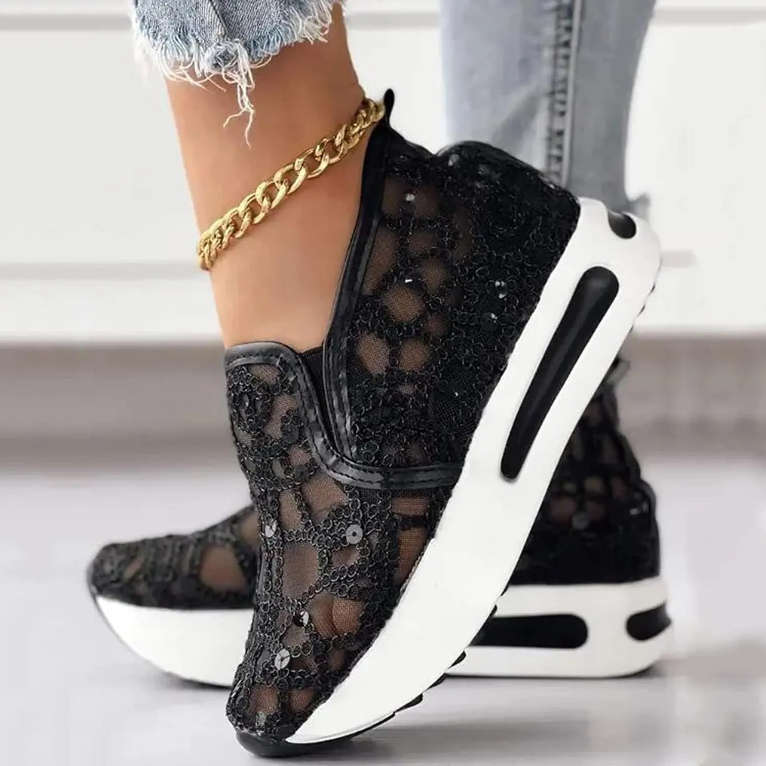 Womens Sneakers Floral Embroidery Breathable Sheer Mesh Low Top Gym Shoes Platform Wedge Shoe with Arch Support Slip On Loafers Walking Work Shoes Comfortable Casual Sneaker