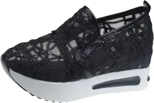 Womens Sneakers Floral Embroidery Breathable Sheer Mesh Low Top Gym Shoes Platform Wedge Shoe with Arch Support Slip On Loafers Walking Work Shoes Comfortable Casual Sneaker