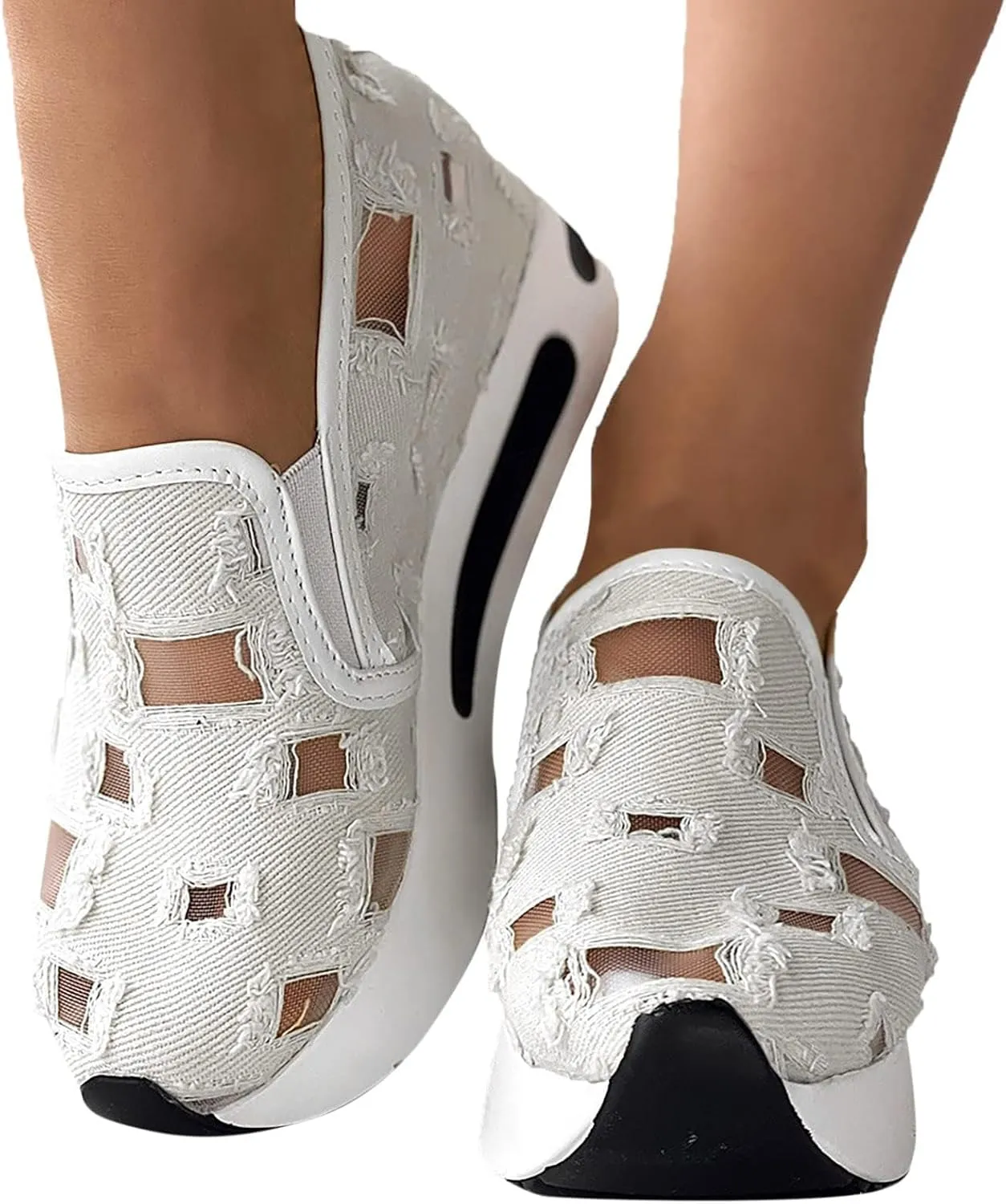 Womens Sneakers Platform Fashion Slip On Walking Shoes Fashion Embroidery Floral Mesh Comfort Shoes Breathable Walking Work Shoe Comfortable Casual Sole Sneaker