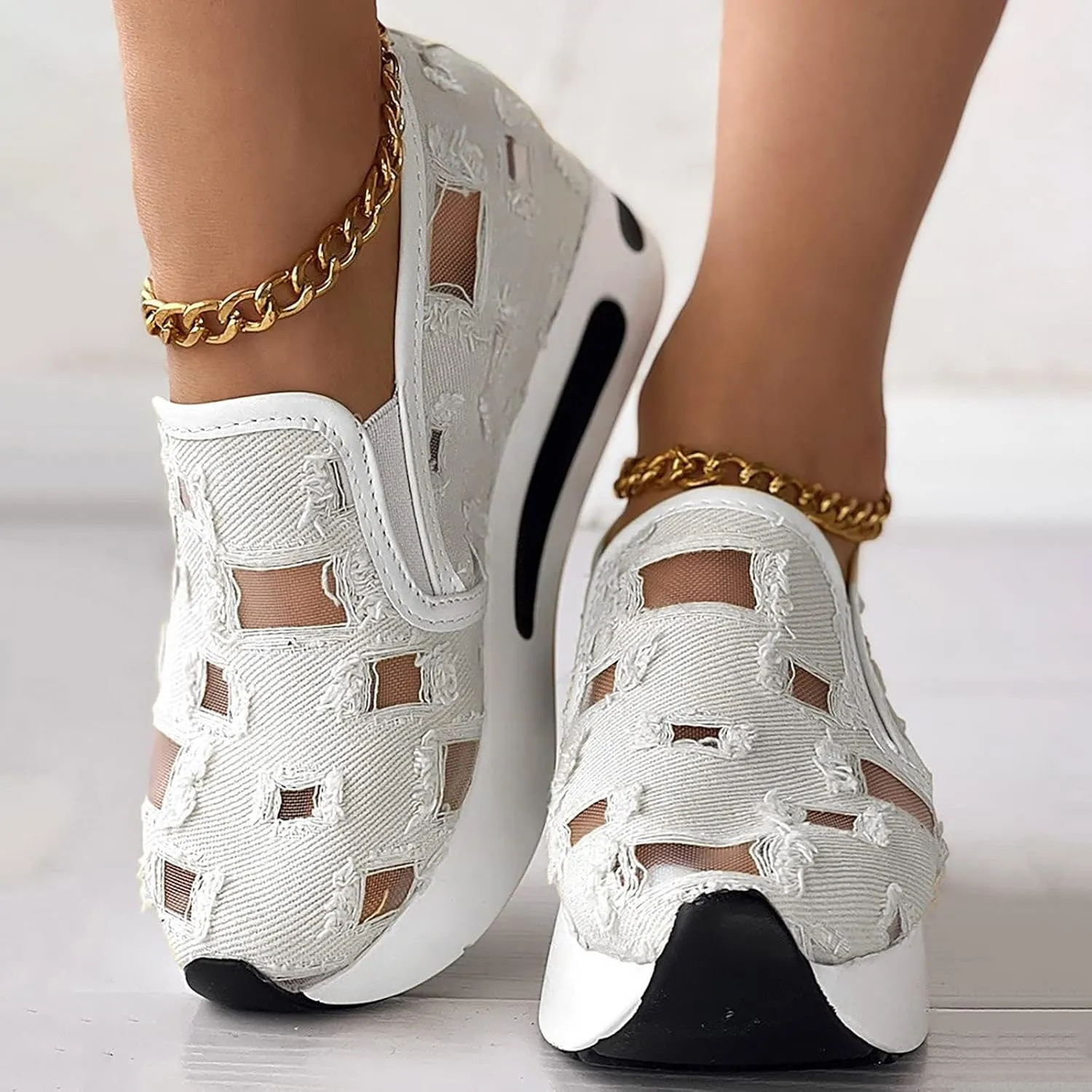 Womens Sneakers Platform Fashion Slip On Walking Shoes Fashion Embroidery Floral Mesh Comfort Shoes Breathable Walking Work Shoe Comfortable Casual Sole Sneaker