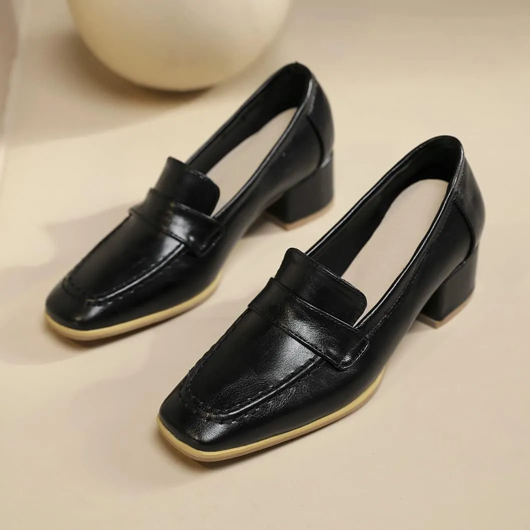 Women's Square Toe Chunky Loafers Mid Heel Pumps Slip On Closed-Toe Shoes