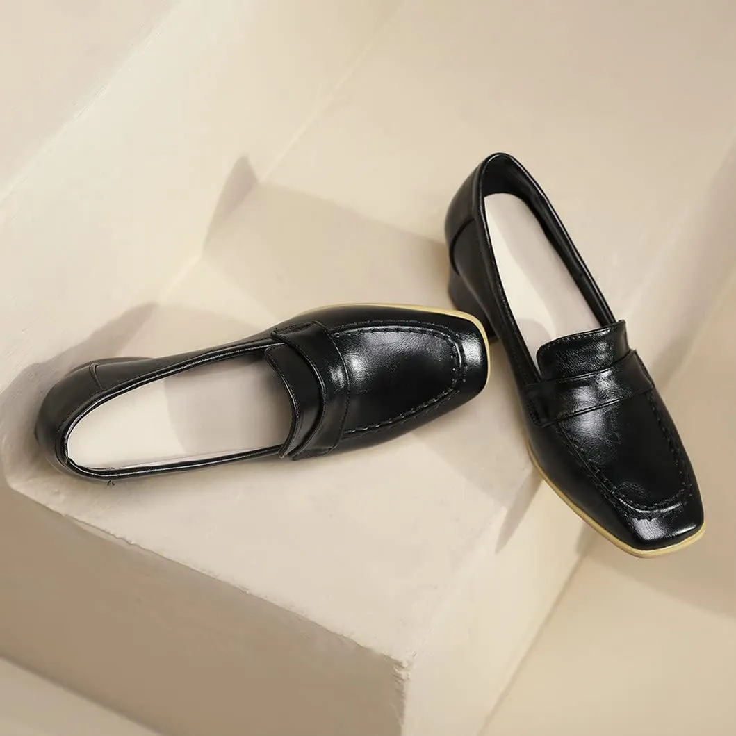Women's Square Toe Chunky Loafers Mid Heel Pumps Slip On Closed-Toe Shoes