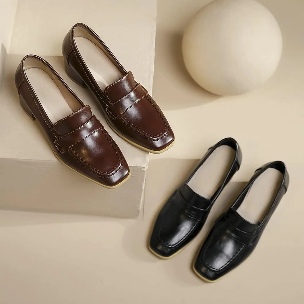 Women's Square Toe Chunky Loafers Mid Heel Pumps Slip On Closed-Toe Shoes