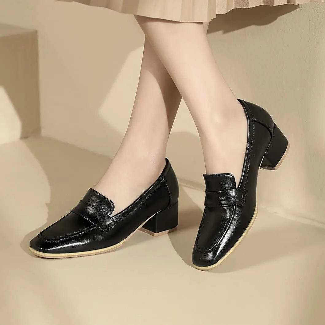Women's Square Toe Chunky Loafers Mid Heel Pumps Slip On Closed-Toe Shoes