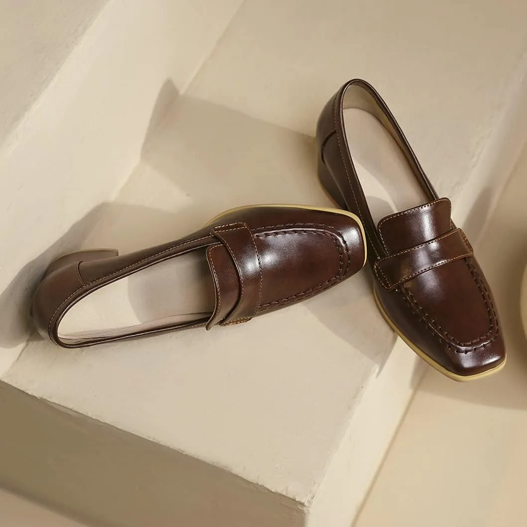 Women's Square Toe Chunky Loafers Mid Heel Pumps Slip On Closed-Toe Shoes