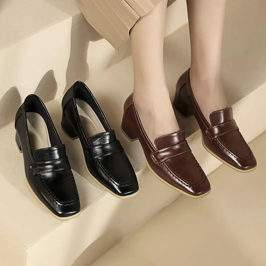 Women's Square Toe Chunky Loafers Mid Heel Pumps Slip On Closed-Toe Shoes