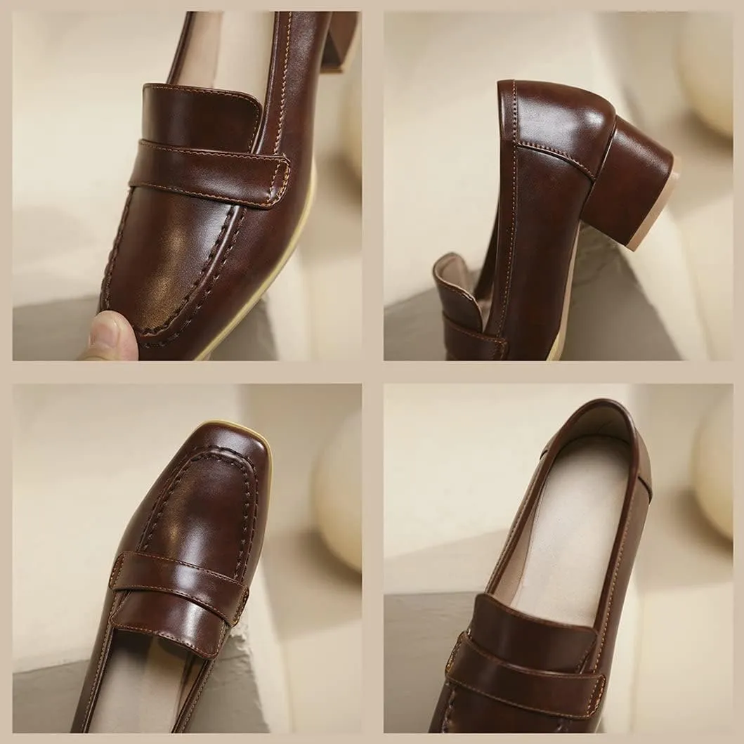 Women's Square Toe Chunky Loafers Mid Heel Pumps Slip On Closed-Toe Shoes