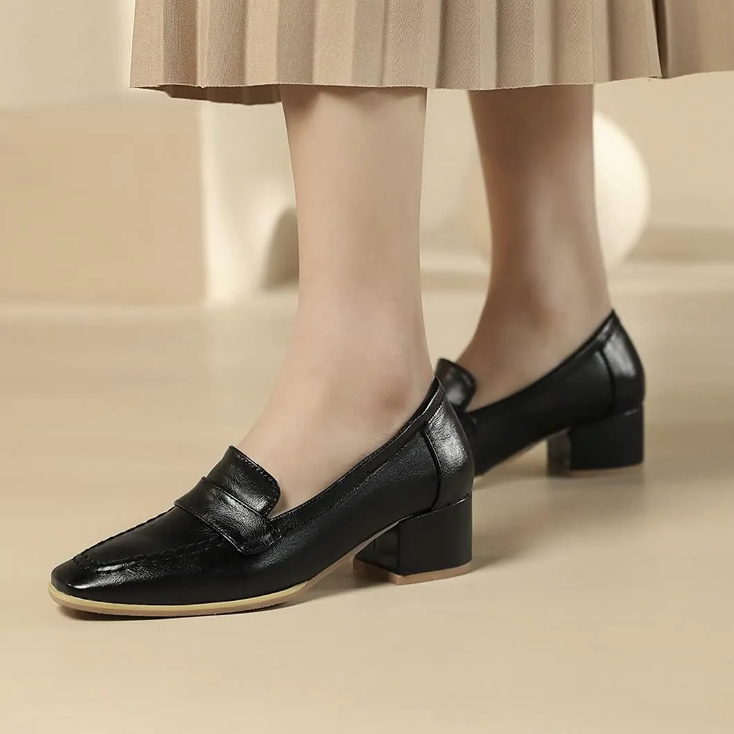 Women's Square Toe Chunky Loafers Mid Heel Pumps Slip On Closed-Toe Shoes