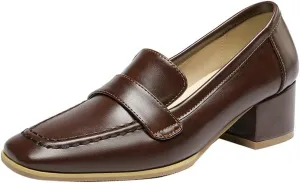 Women's Square Toe Chunky Loafers Mid Heel Pumps Slip On Closed-Toe Shoes