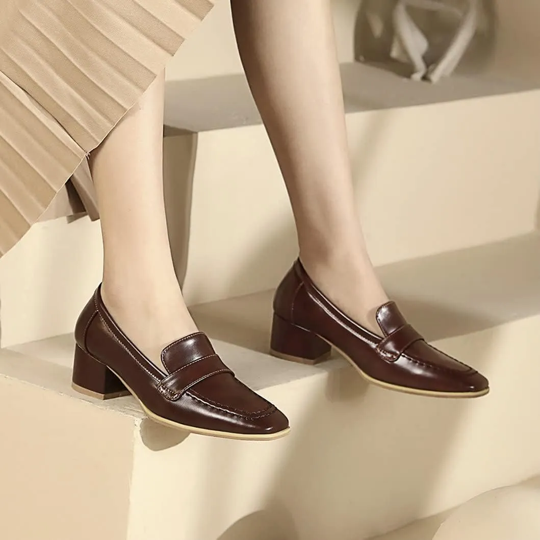 Women's Square Toe Chunky Loafers Mid Heel Pumps Slip On Closed-Toe Shoes