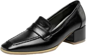 Women's Square Toe Chunky Loafers Mid Heel Pumps Slip On Closed-Toe Shoes