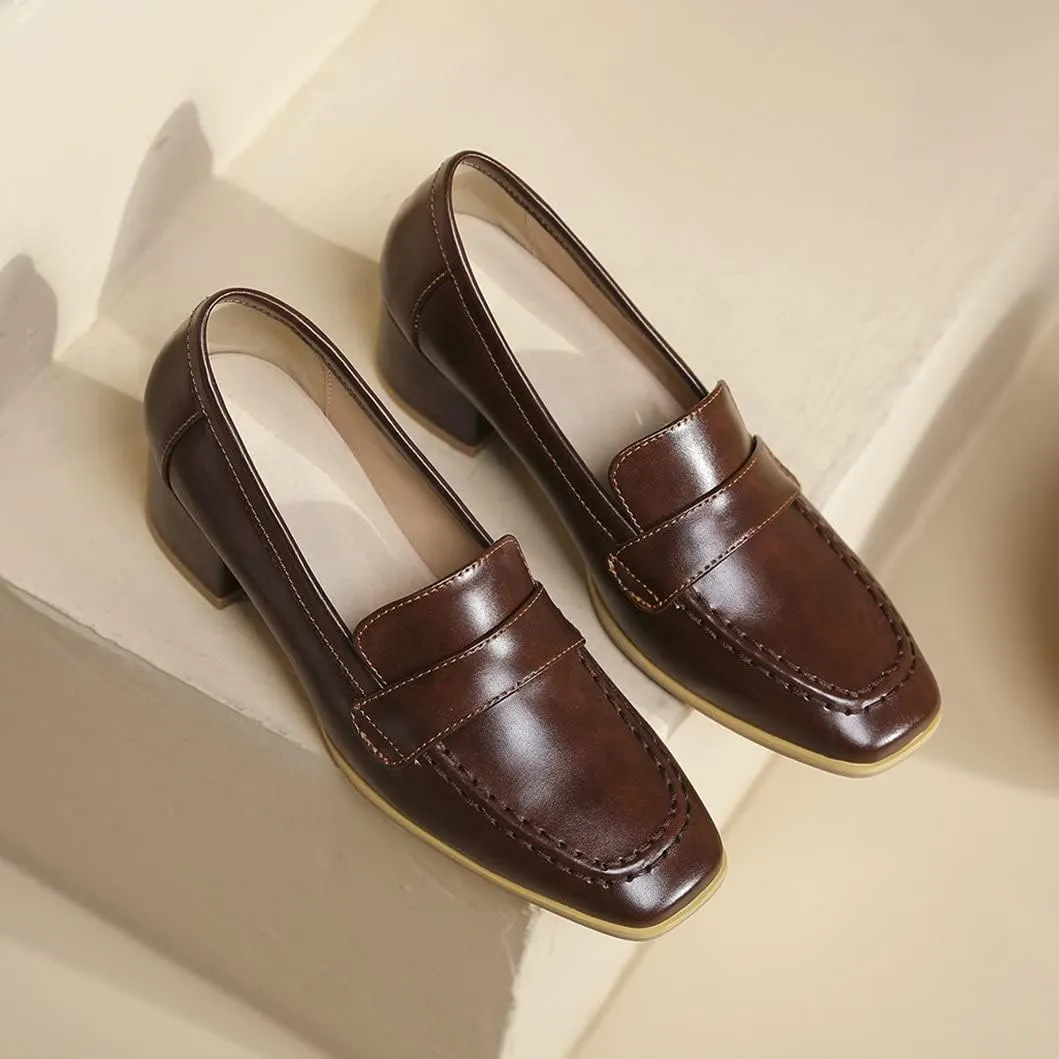 Women's Square Toe Chunky Loafers Mid Heel Pumps Slip On Closed-Toe Shoes