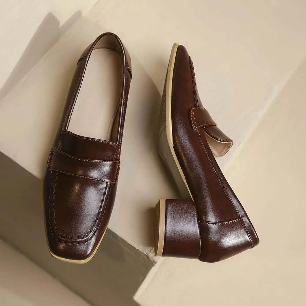 Women's Square Toe Chunky Loafers Mid Heel Pumps Slip On Closed-Toe Shoes