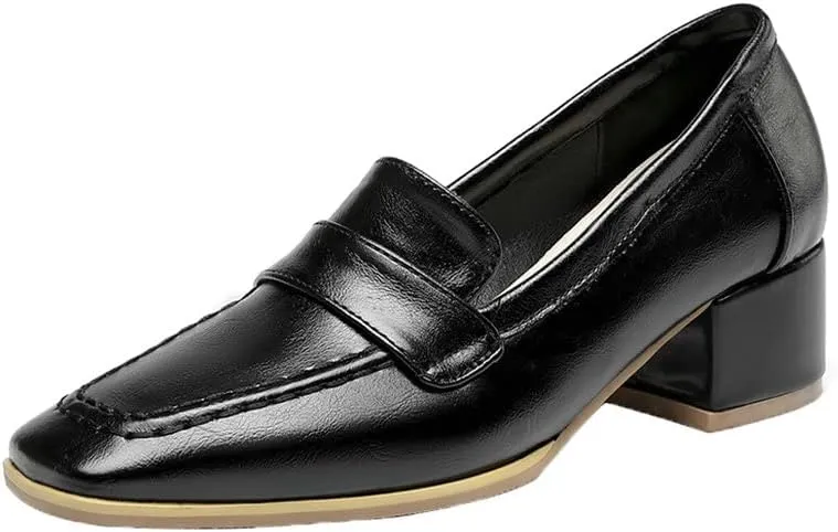 Women's Square Toe Chunky Loafers Mid Heel Pumps Slip On Closed-Toe Shoes