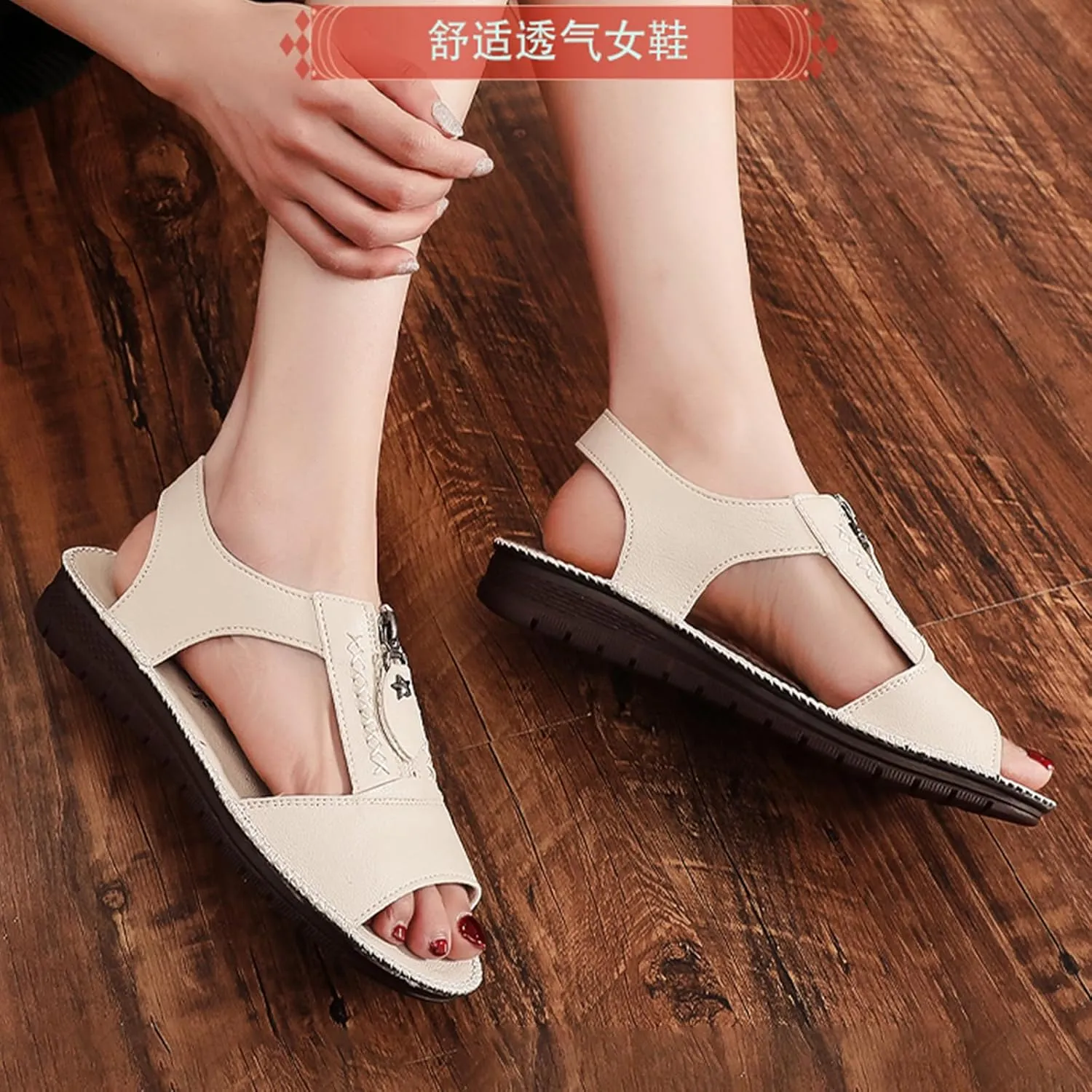 Women's Summer Open-Toe Leather Sandals,Comfy Fish Mouth Front Zipper Oxford Softsole Beach Casual Walking Flat Shoes