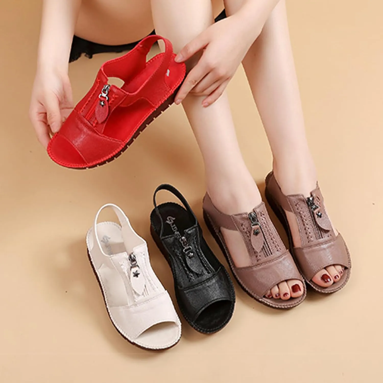 Women's Summer Open-Toe Leather Sandals,Comfy Fish Mouth Front Zipper Oxford Softsole Beach Casual Walking Flat Shoes
