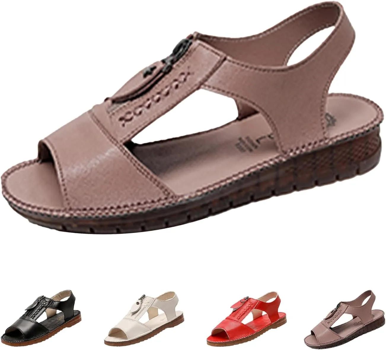 Women's Summer Open-Toe Leather Sandals,Comfy Fish Mouth Front Zipper Oxford Softsole Beach Casual Walking Flat Shoes