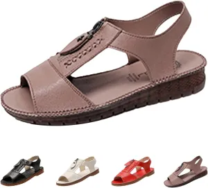Women's Summer Open-Toe Leather Sandals,Comfy Fish Mouth Front Zipper Oxford Softsole Beach Casual Walking Flat Shoes