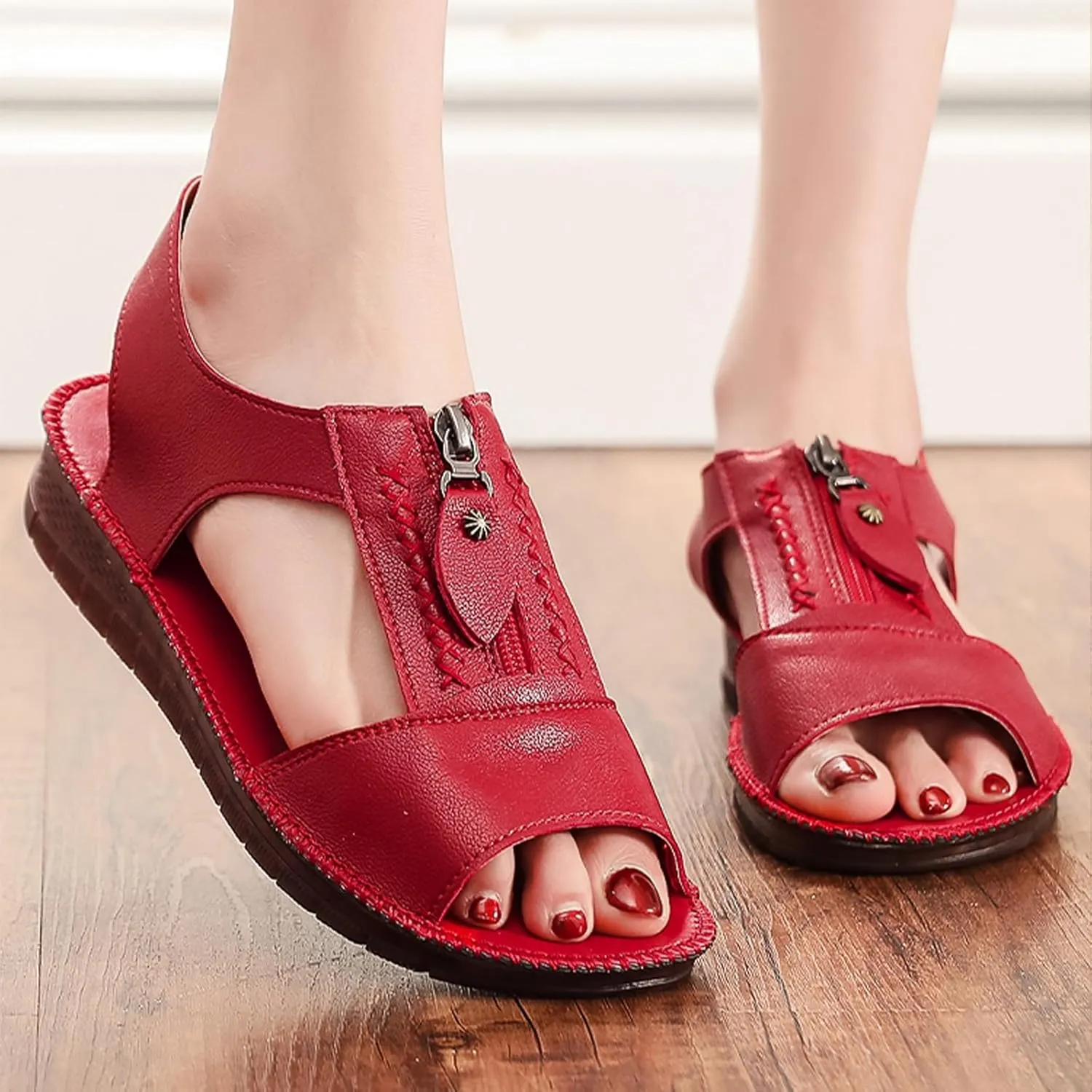 Women's Summer Open-Toe Leather Sandals,Comfy Fish Mouth Front Zipper Oxford Softsole Beach Casual Walking Flat Shoes