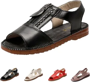 Women's Summer Open-Toe Leather Sandals,Comfy Fish Mouth Front Zipper Oxford Softsole Beach Casual Walking Flat Shoes