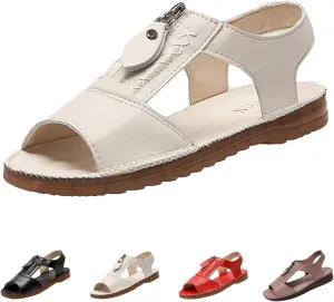 Women's Summer Open-Toe Leather Sandals,Comfy Fish Mouth Front Zipper Oxford Softsole Beach Casual Walking Flat Shoes