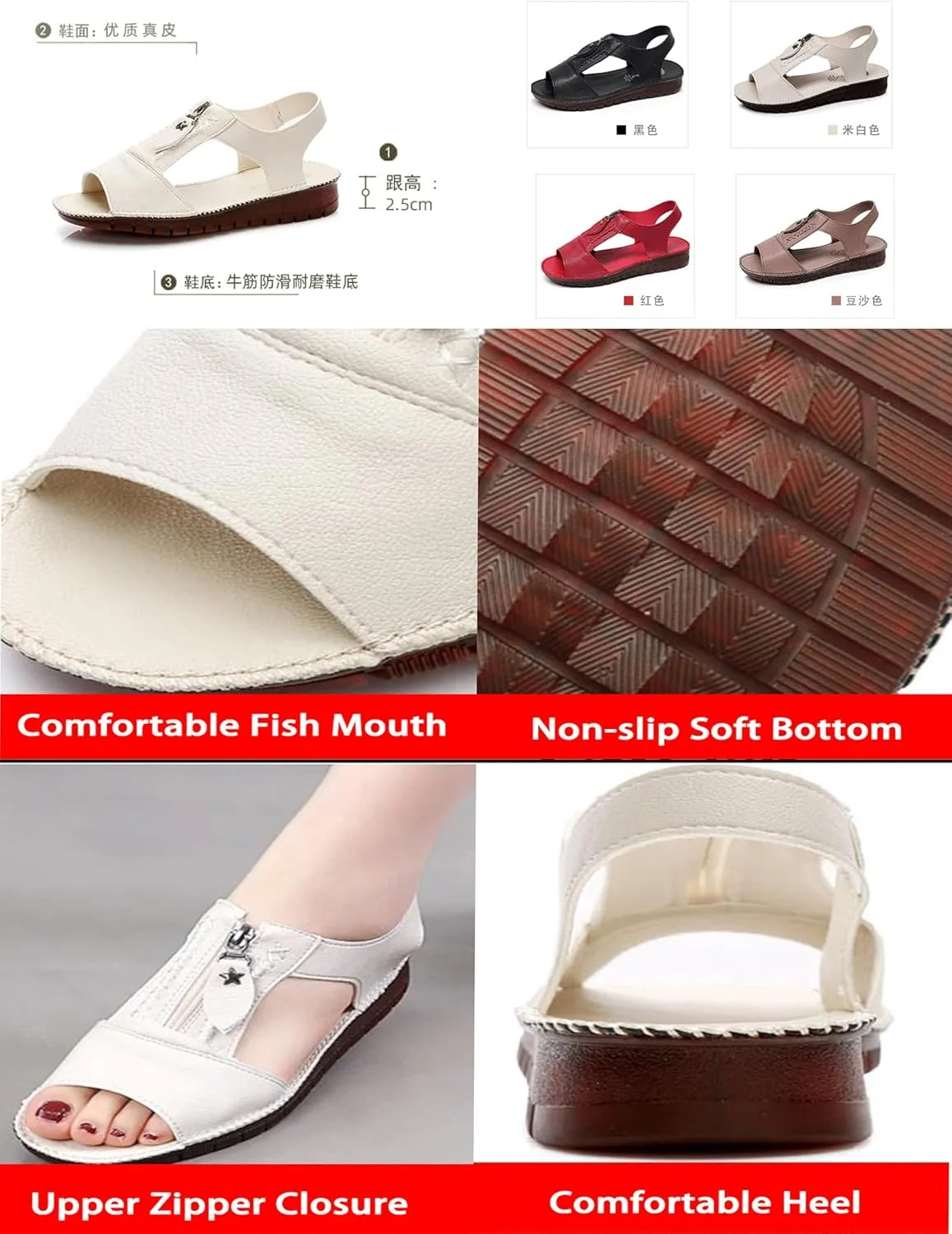 Women's Summer Open-Toe Leather Sandals,Comfy Fish Mouth Front Zipper Oxford Softsole Beach Casual Walking Flat Shoes
