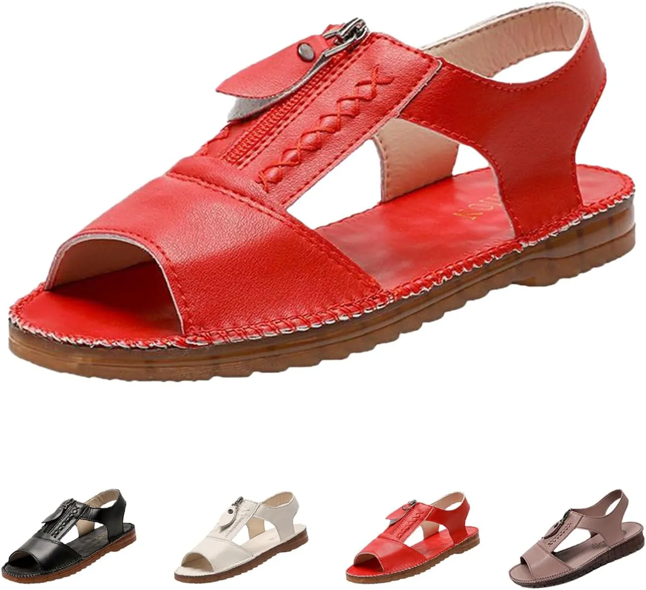 Women's Summer Open-Toe Leather Sandals,Comfy Fish Mouth Front Zipper Oxford Softsole Beach Casual Walking Flat Shoes