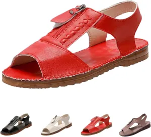 Women's Summer Open-Toe Leather Sandals,Comfy Fish Mouth Front Zipper Oxford Softsole Beach Casual Walking Flat Shoes