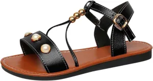Women's Summer Pearl Decorated Sandals Low Heel Slip On Comfortable Casual Beach Footwear For Daily Wear Dating