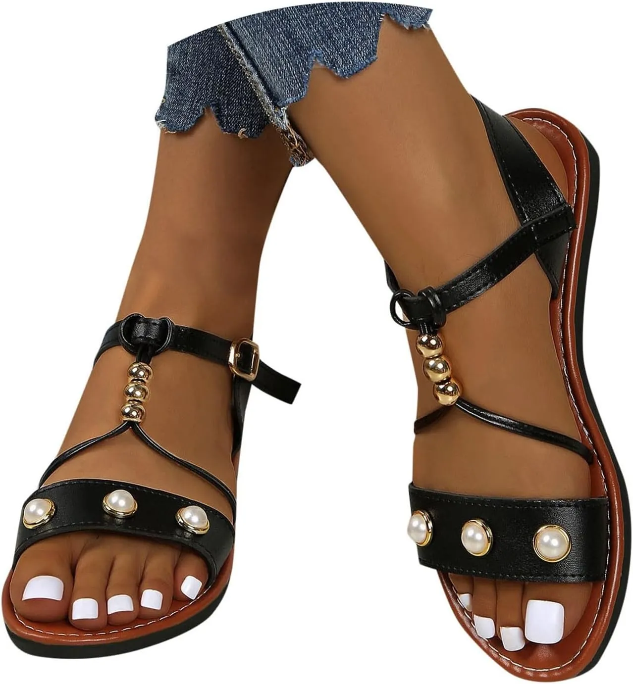 Women's Summer Pearl Decorated Sandals Low Heel Slip On Comfortable Casual Beach Footwear For Daily Wear Dating