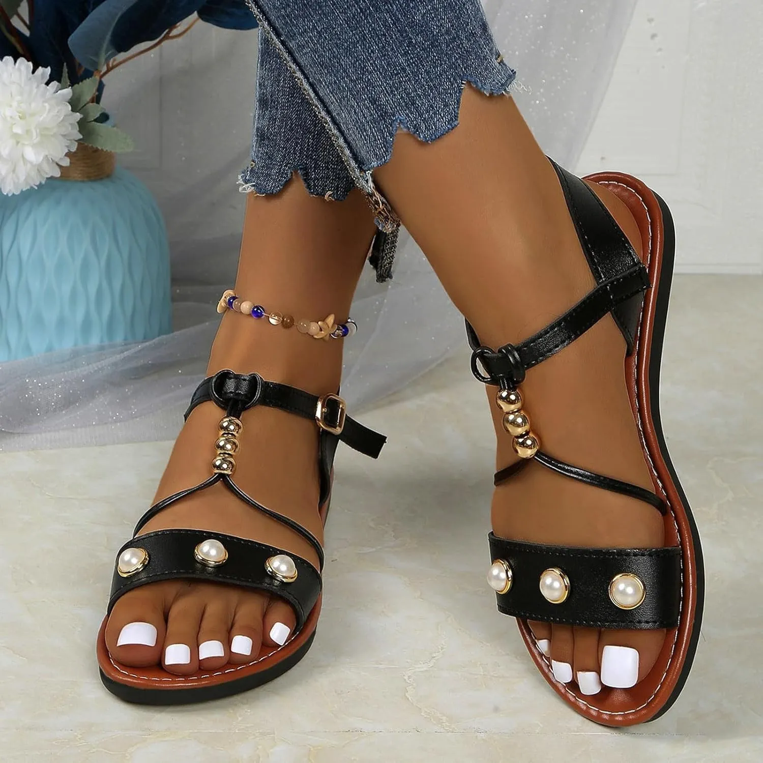 Women's Summer Pearl Decorated Sandals Low Heel Slip On Comfortable Casual Beach Footwear For Daily Wear Dating